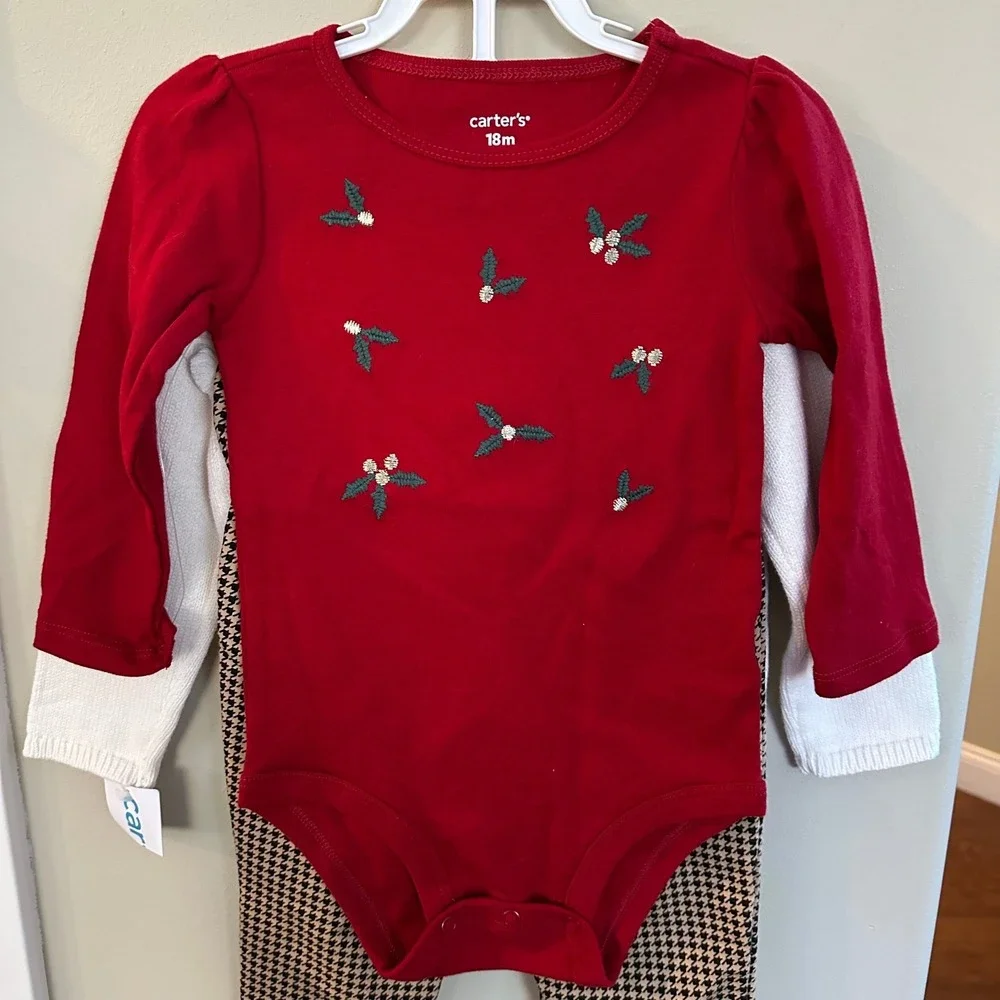 NEW Carters Baby Girls 18m Holly Bodysuit White Cable Knit‎ Sweater 3 piece set